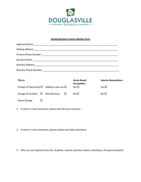 First page of the Zoning Business License Review Form
