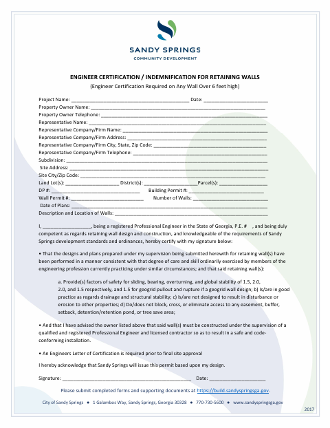 First page of the Engineer Certification / Indemnification for Retaining Walls