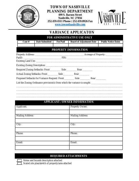 First page of the Variance Application