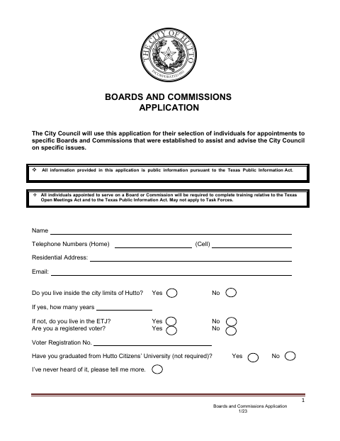 First page of the Boards and Commissions Application