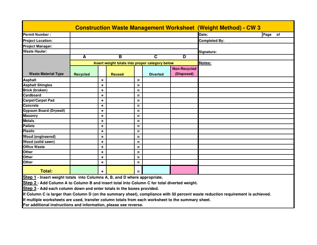 First page of the Construction Waste Management Worksheet (Weight Method) - CW 3