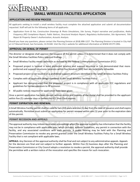 First page of the Small Wireless Facilities Application