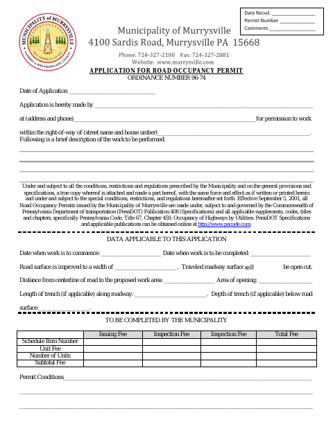 First page of the Application for Road Occupancy Permit