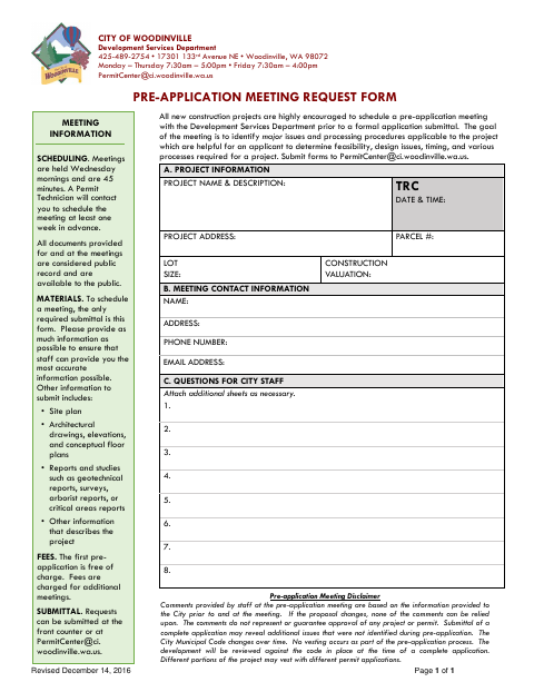 First page of the Pre-Application Meeting Request Form