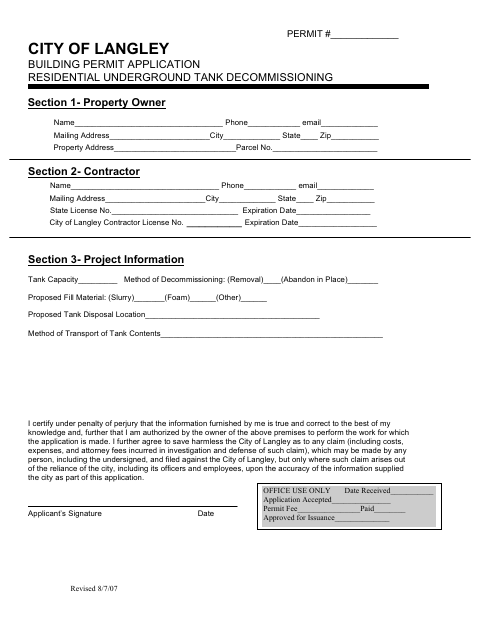 First page of the Residential Underground Storage Tank Decommissioning Permit Application