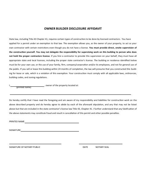 First page of the Owner Builder Disclosure Affidavit