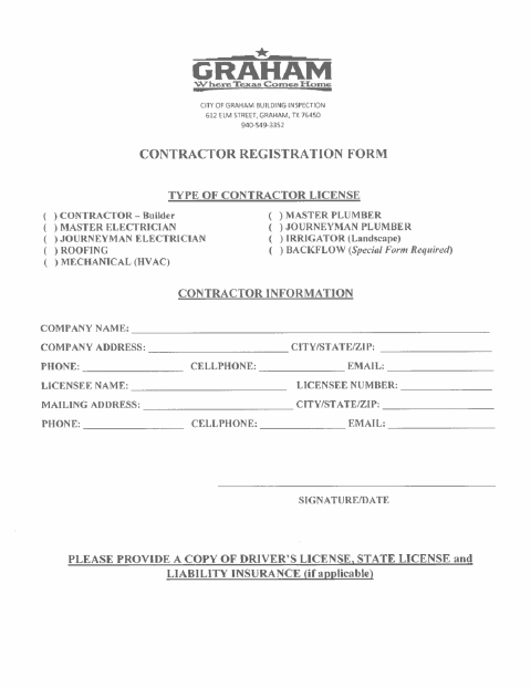 First page of the Contractor Registration Form