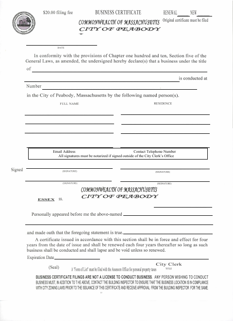 First page of the Business Certificate