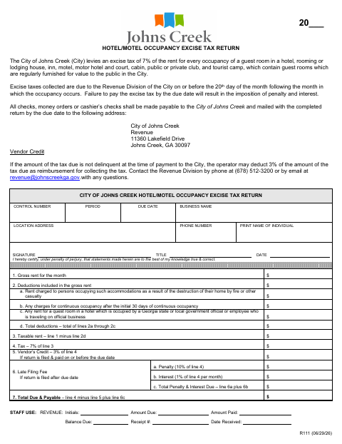 First page of the Hotel/Motel Occupancy Excise Tax Return