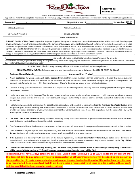 First page of the Application for Water Service