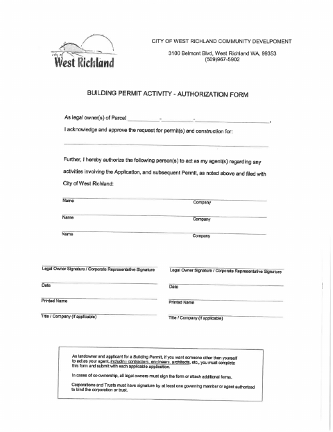 First page of the Building Permit Activity Authorization Form