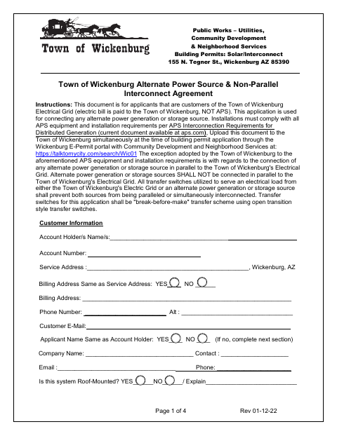 First page of the Alternate Power Source & Non-Parallel Interconnect Agreement