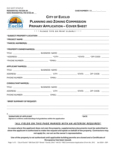 First page of the Planning and Zoning Application Cover Sheet and Affidavit