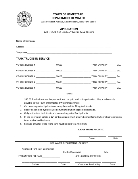 First page of the Application for Use of Fire Hydrant to Fill Tank Trucks