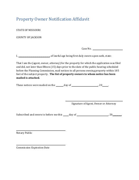 First page of the Property Owner Notification Affidavit