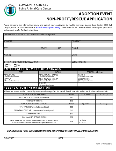 First page of the Adoption Event Non-Profit/Rescue Application