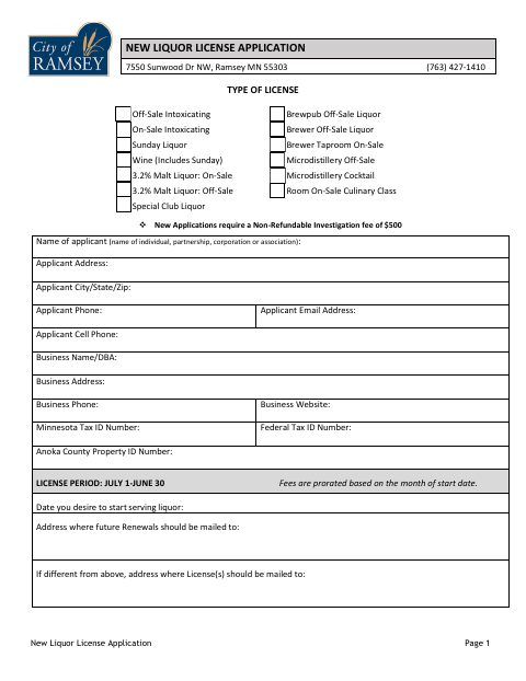 First page of the New Liquor License Application