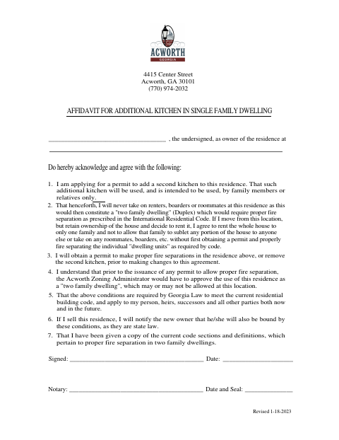 First page of the Affidavit for Additional Kitchen in Single-Family Dwelling