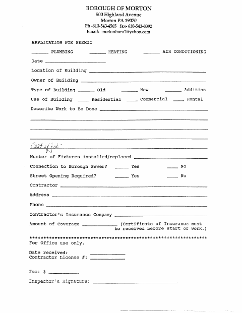 First page of the Plumbing Fitting and Air Conditioning Permit Application