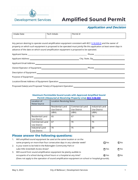 First page of the Amplified Sound Permit Application and Decision