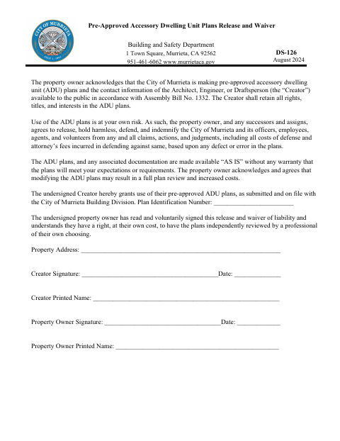 First page of the Pre-Approved Accessory Dwelling Unit Plans Release and Waiver