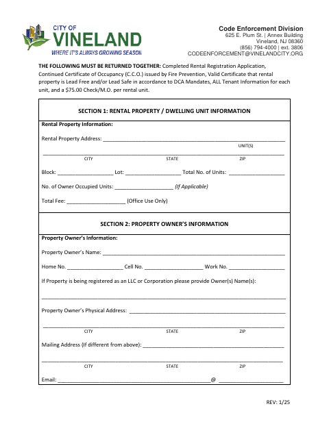 First page of the Rental Registration Application