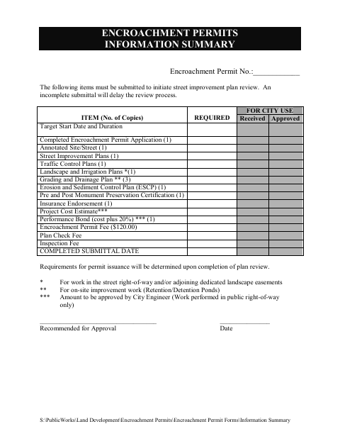 First page of the Encroachment Permit Application