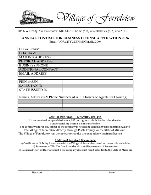 First page of the Annual Contractor Business License Application
