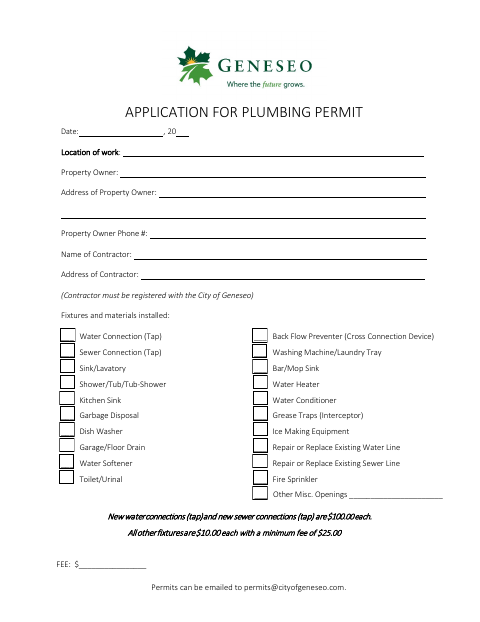 First page of the Application for Plumbing Permit