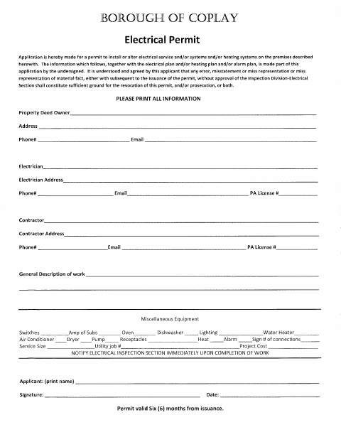 First page of the Electrical Permit Application