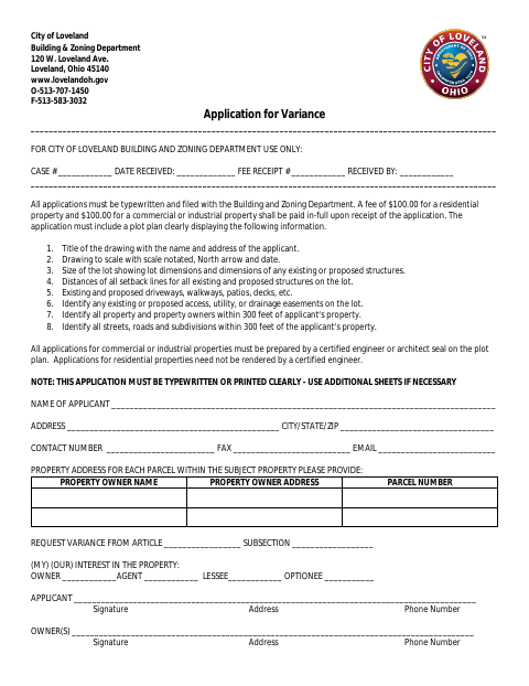 First page of the Variance Application (Board of Zoning Appeals)