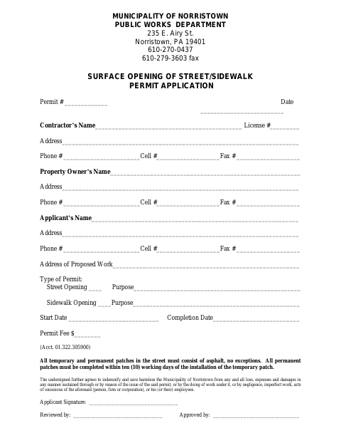 First page of the Surface Opening of Street/Sidewalk Permit Application