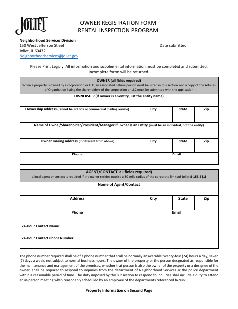 First page of the Rental Inspection Program Owner Registration Form