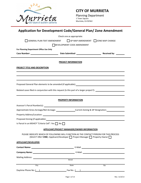 First page of the Application for Development Code/General Plan/Zone Amendment