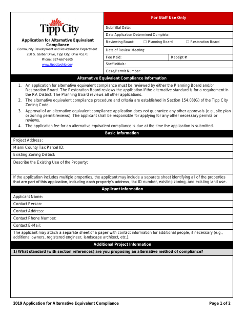 First page of the Application for Alternative Equivalent Compliance