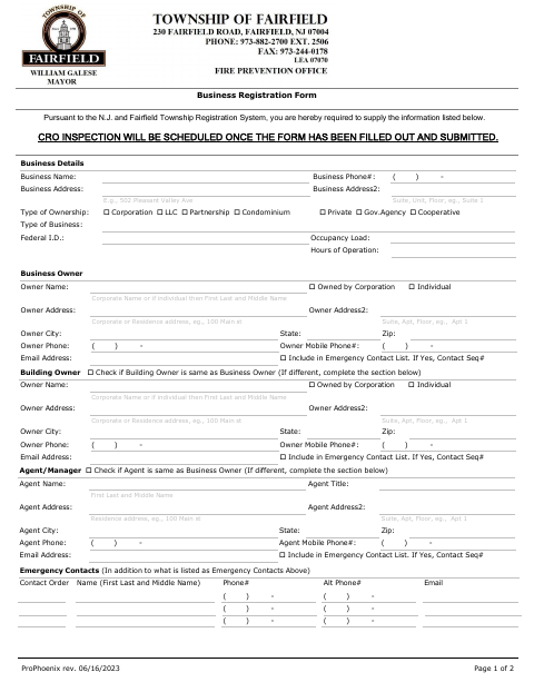 First page of the Business Registration Form