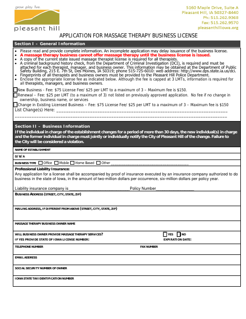 First page of the Massage Therapy Business License Application