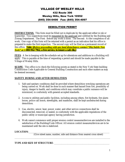 First page of the Demolition Permit Application