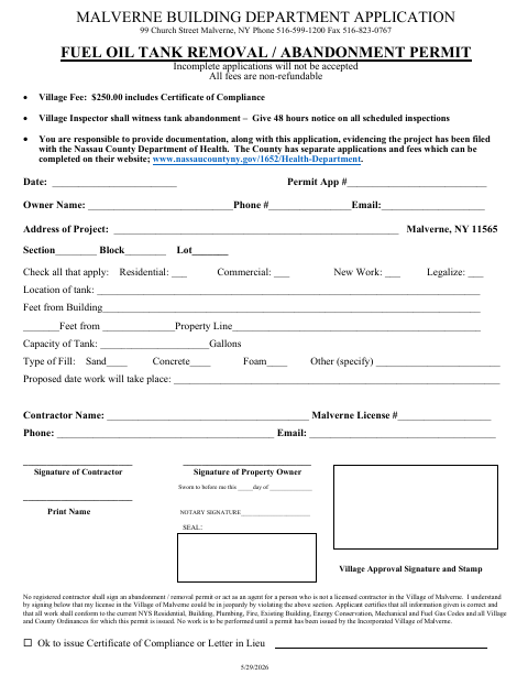 First page of the Fuel Oil Tank Removal / Abandonment Permit