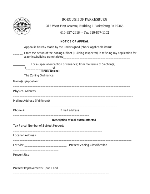 First page of the Zoning Hearing Board Appeal Application