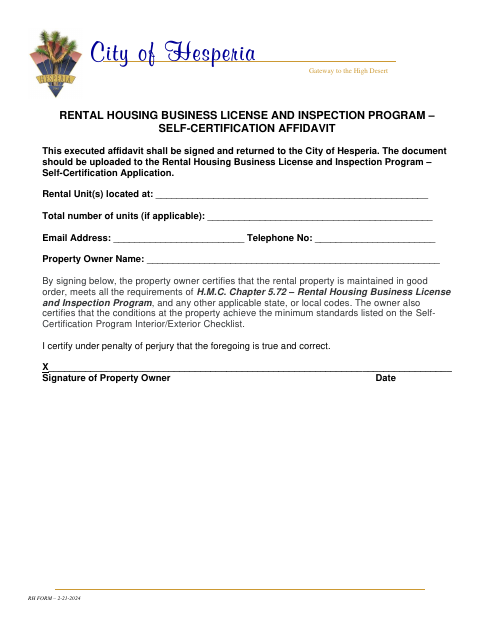 First page of the Rental Housing Business License and Inspection Program – Self-Certification Affidavit