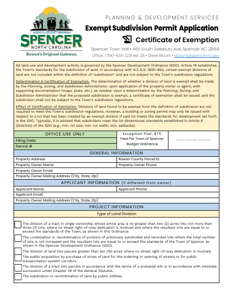 First page of the Exempt Subdivision Permit Application Certificate of Exemption