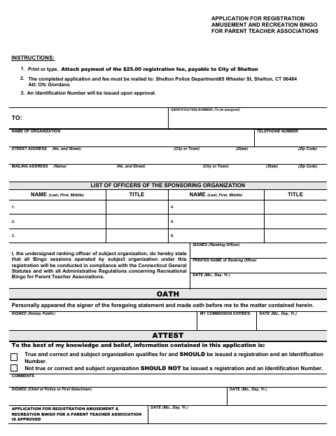 First page of the Amusement and Recreation Bingo Registration Application for Parent Teacher Associations