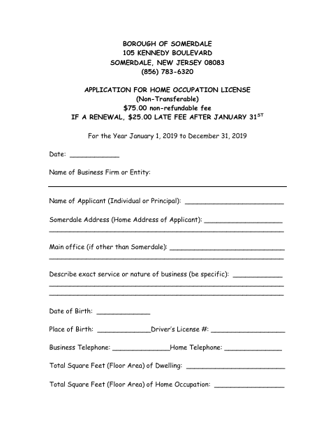 First page of the Application for Home Occupation License