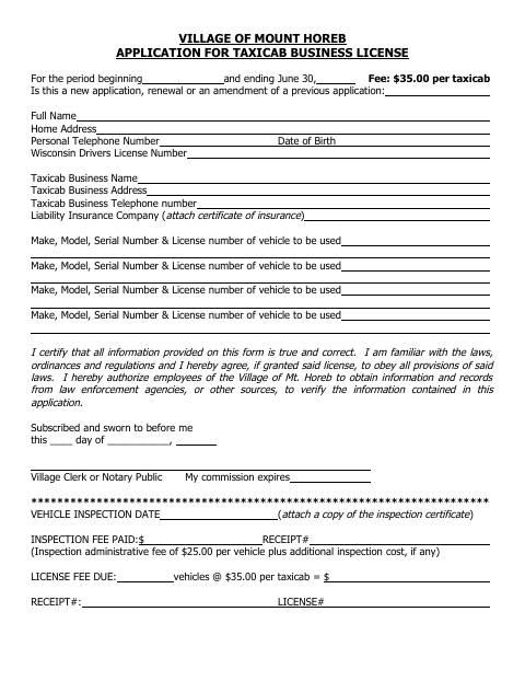 First page of the Taxicab Business License Application