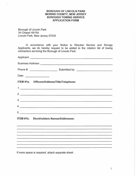 First page of the Borough Towing Service Application