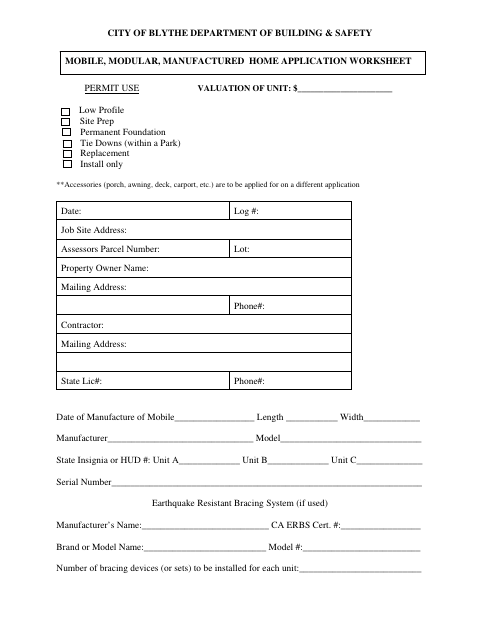 First page of the Mobile, Modular, Manufactured Home Application Worksheet