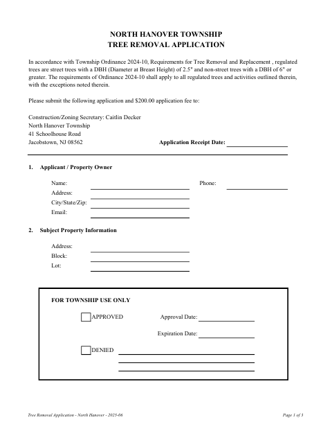 First page of the Tree Removal Application