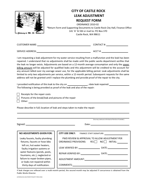 First page of the Leak Adjustment Request Form