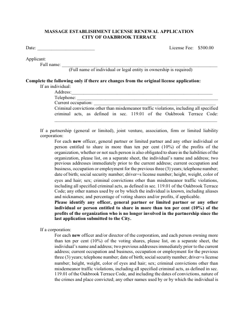 First page of the Massage Establishment License Renewal Application